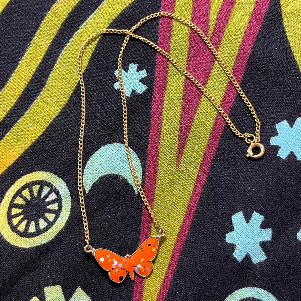 VTG Cottagecore Boho Orange Enamel Butterfly Gold Tone Metal Costume Necklace - Picture 4 of 5